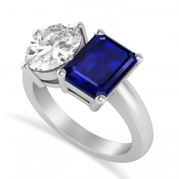 Emerald/Oval Diamond & Blue Sapphire Toi et Moi Ring 14k White Gold (5.50ct)