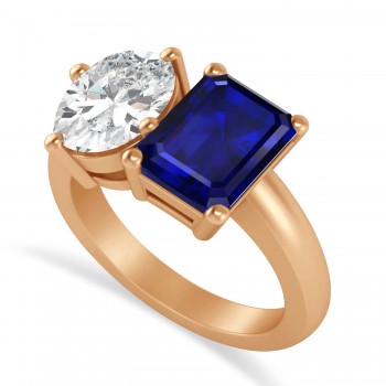 Emerald/Oval Diamond & Blue Sapphire Toi et Moi Ring 18k Rose Gold (5.50ct)