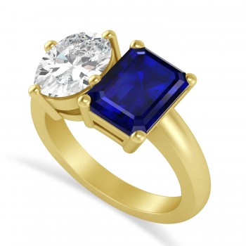 Emerald/Oval Diamond & Blue Sapphire Toi et Moi Ring 18k Yellow Gold (5.50ct)