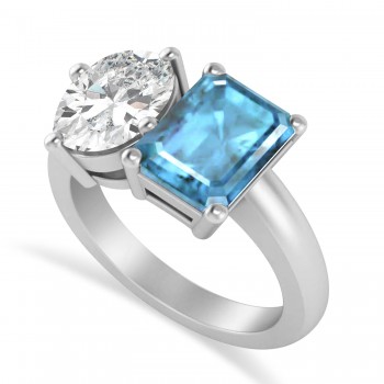 Emerald/Oval Diamond & Blue Topaz Toi et Moi Ring 18k White Gold (5.50ct)