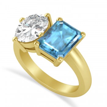 Emerald/Oval Diamond & Blue Topaz Toi et Moi Ring 18k Yellow Gold (5.50ct)