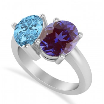 Pear/Oval Lab Alexandrite & Blue Topaz Toi et Moi Ring 14k White Gold (6.00ct)