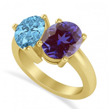 Pear/Oval Lab Alexandrite & Blue Topaz Toi et Moi Ring 18k Yellow Gold (6.00ct)