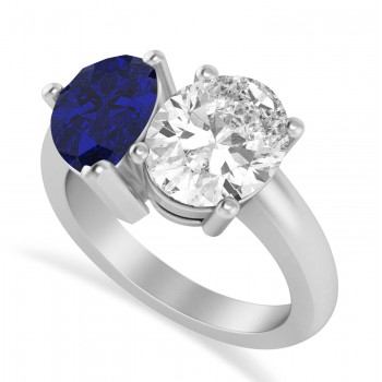 Pear/Oval Diamond & Blue Sapphire Toi et Moi Ring 14k White Gold (6.00ct)