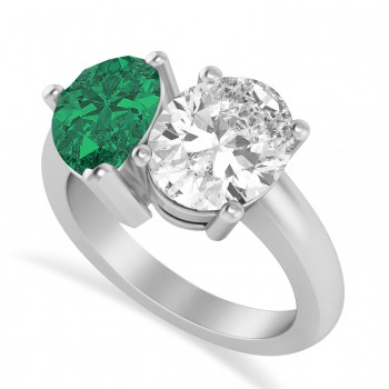 Pear/Oval Diamond & Emerald Toi et Moi Ring 14k White Gold (6.00ct)