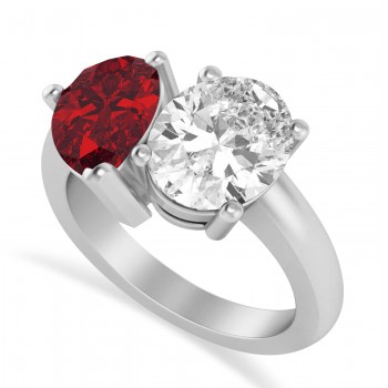 Pear/Oval Diamond & Ruby Toi et Moi Ring 14k White Gold (6.00ct)