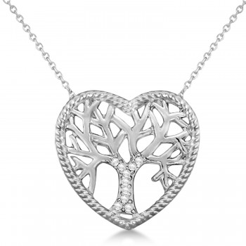 Diamond Heart Family Tree of Life Pendant Necklace 14k White Gold (0.05ct)