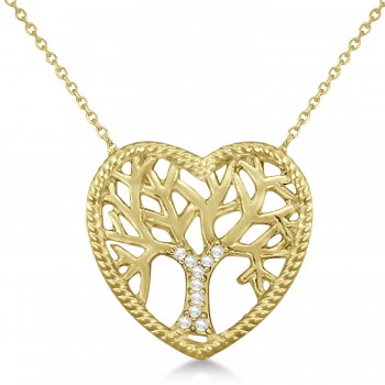 Diamond Heart Family Tree of Life Pendant Necklace 14k Yellow Gold (0.05ct)