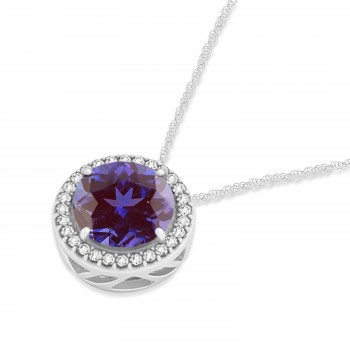 Lab Alexandrite Floating Solitaire Halo Pendant Necklace 14k White Gold (2.04ct)