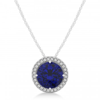 Lab Blue Sapphire Floating Solitaire Halo Pendant Necklace 14k White Gold (2.04ct)