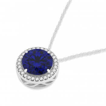 Lab Blue Sapphire Floating Solitaire Halo Pendant Necklace 14k White Gold (2.04ct)