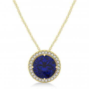 Lab Blue Sapphire Floating Solitaire Halo Pendant Necklace 14k Yellow Gold (2.04ct)