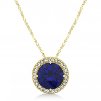 Lab Blue Sapphire Floating Solitaire Halo Pendant Necklace 14k Yellow Gold (2.04ct)