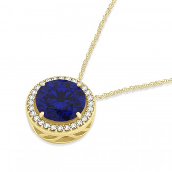 Lab Blue Sapphire Floating Solitaire Halo Pendant Necklace 14k Yellow Gold (2.04ct)