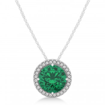 Lab Emerald Floating Solitaire Halo Pendant Necklace 14k White Gold (2.04ct)