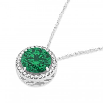 Lab Emerald Floating Solitaire Halo Pendant Necklace 14k White Gold (2.04ct)