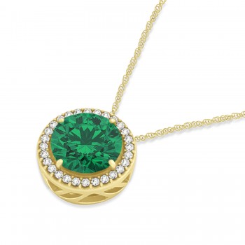 Lab Emerald Floating Solitaire Halo Pendant Necklace 14k Yellow Gold (2.04ct)