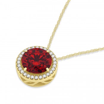 Lab Ruby Floating Solitaire Halo Pendant Necklace 14k Yellow Gold (2.04ct)