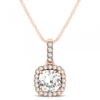 Diamond Halo Cushion Pendant Necklace 14k Rose Gold (1.49ct)