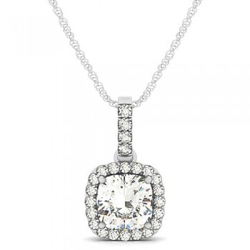 Diamond Halo Cushion Pendant Necklace 14k White Gold (1.49ct)