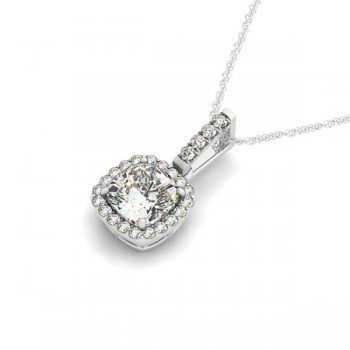 Diamond Halo Cushion Pendant Necklace 14k White Gold (1.49ct)