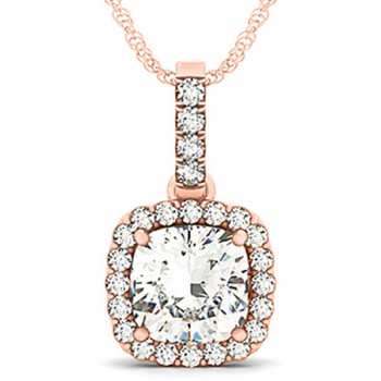 Diamond Halo Cushion Pendant Necklace 14k Rose Gold (3.00ct)