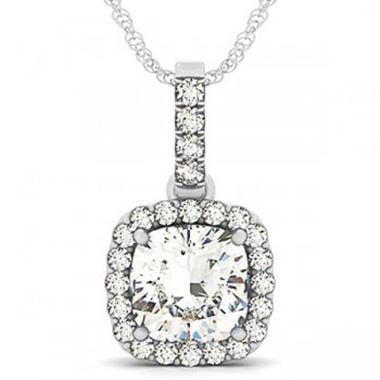 Diamond Halo Cushion Pendant Necklace 14k White Gold (3.00ct)