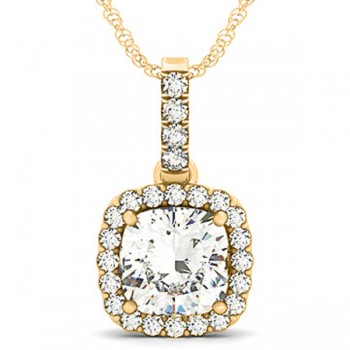 Diamond Halo Cushion Pendant Necklace 14k Yellow Gold (3.00ct)