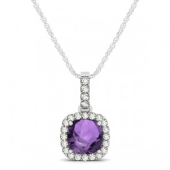 Amethyst & Diamond Halo Cushion Pendant Necklace 14k White Gold (0.66ct)