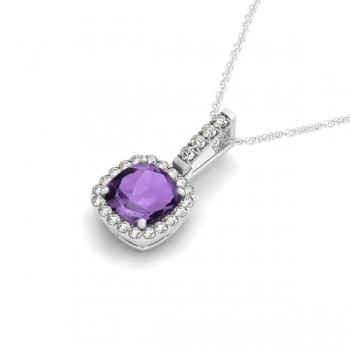 Amethyst & Diamond Halo Cushion Pendant Necklace 14k White Gold (0.66ct)