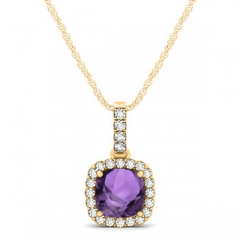 Amethyst & Diamond Halo Cushion Pendant Necklace 14k Yellow Gold (0.66ct)