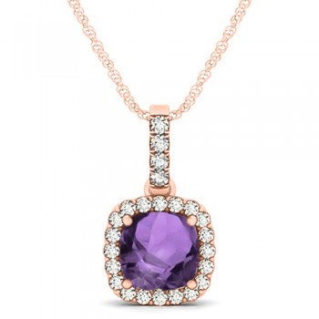 Amethyst & Diamond Halo Cushion Pendant Necklace 14k Rose Gold (1.66ct)