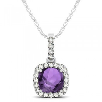 Amethyst & Diamond Halo Cushion Pendant Necklace 14k White Gold (1.66ct)