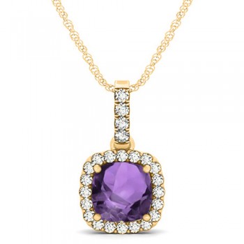 Amethyst & Diamond Halo Cushion Pendant Necklace 14k Yellow Gold (1.66ct)