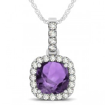 Amethyst & Diamond Halo Cushion Pendant Necklace 14k White Gold (4.05ct)