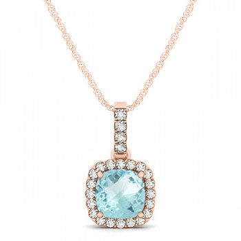 Aquamarine & Diamond Halo Cushion Pendant Necklace 14k Rose Gold (0.66ct)