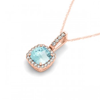 Aquamarine & Diamond Halo Cushion Pendant Necklace 14k Rose Gold (0.66ct)