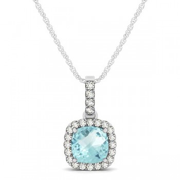 Aquamarine & Diamond Halo Cushion Pendant Necklace 14k White Gold (0.66ct)