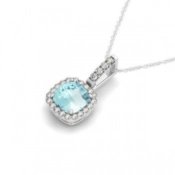 Aquamarine & Diamond Halo Cushion Pendant Necklace 14k White Gold (0.66ct)