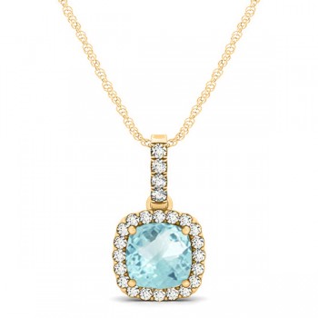 Aquamarine & Diamond Halo Cushion Pendant Necklace 14k Yellow Gold (0.66ct)