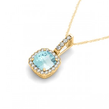 Aquamarine & Diamond Halo Cushion Pendant Necklace 14k Yellow Gold (0.66ct)