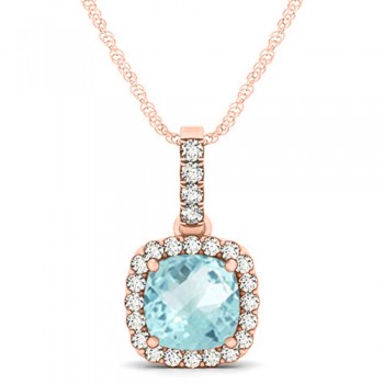 Aquamarine & Diamond Halo Cushion Pendant Necklace 14k Rose Gold (1.47ct)