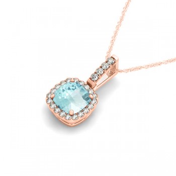 Aquamarine & Diamond Halo Cushion Pendant Necklace 14k Rose Gold (1.47ct)