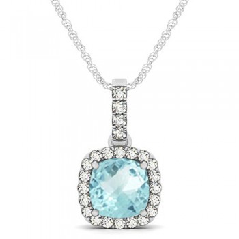 Aquamarine & Diamond Halo Cushion Pendant Necklace 14k White Gold (1.47ct)