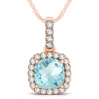 Aquamarine & Diamond Halo Cushion Pendant Necklace 14k Rose Gold (4.05ct)