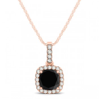 Black Diamond & Diamond Halo Cushion Pendant Necklace 14k Rose Gold (0.62ct)