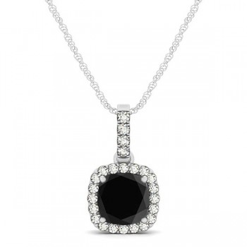 Black Diamond & Diamond Halo Cushion Pendant Necklace 14k White Gold (0.62ct)