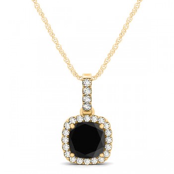 Black Diamond & Diamond Halo Cushion Pendant Necklace 14k Yellow Gold (0.62ct)