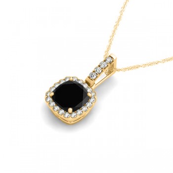 Black Diamond & Diamond Halo Cushion Pendant Necklace 14k Yellow Gold (0.62ct)