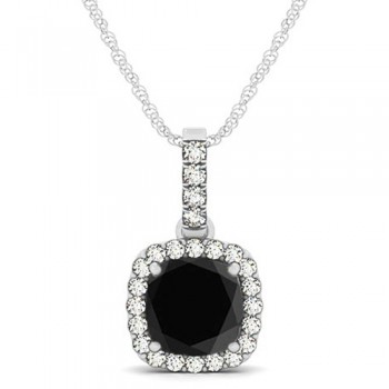 Black Diamond & Diamond Halo Cushion Pendant Necklace 14k White Gold (1.49ct)